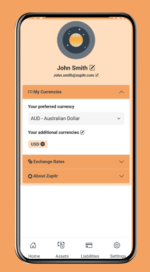 Multi-currency selection and converted financial values in Zupitr