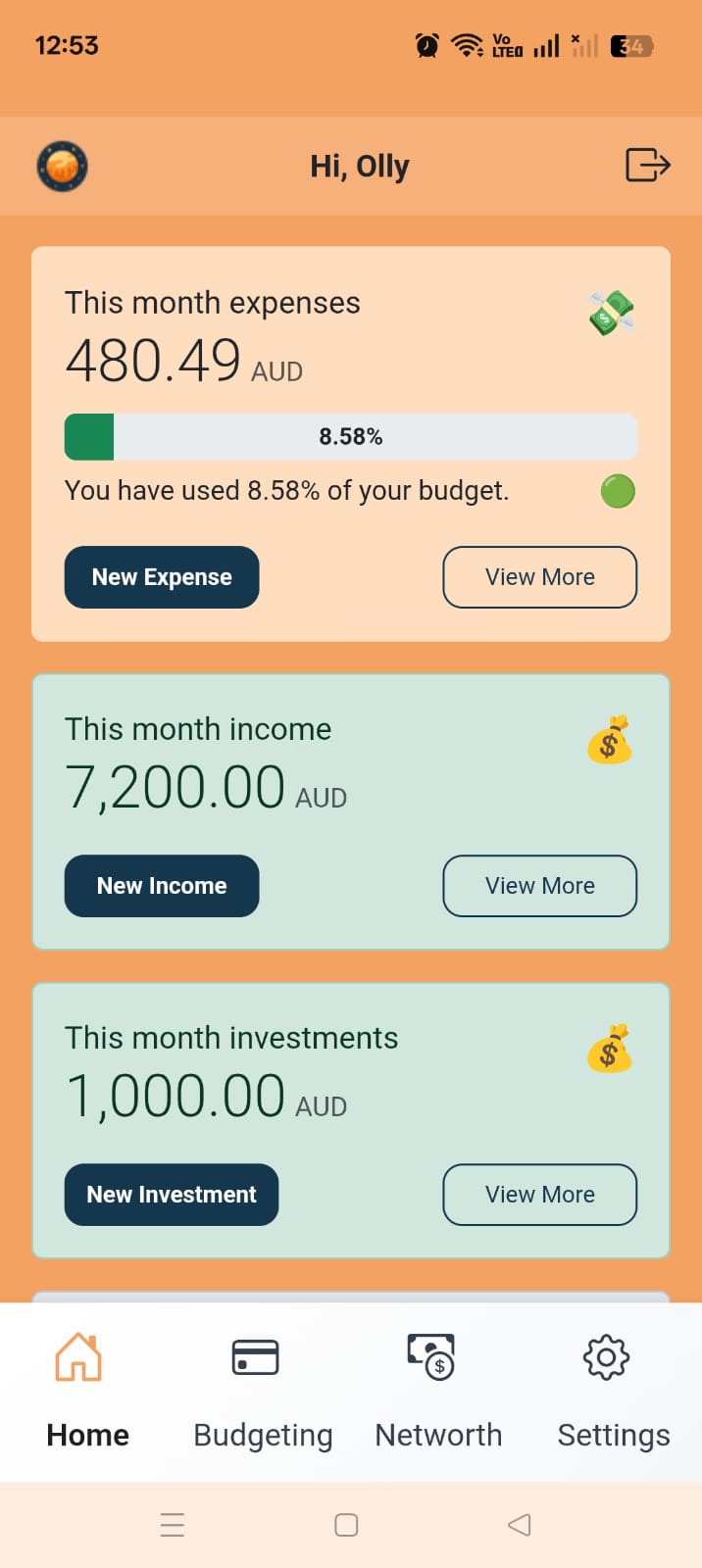 Zupitr income, expense and investment tracker screen