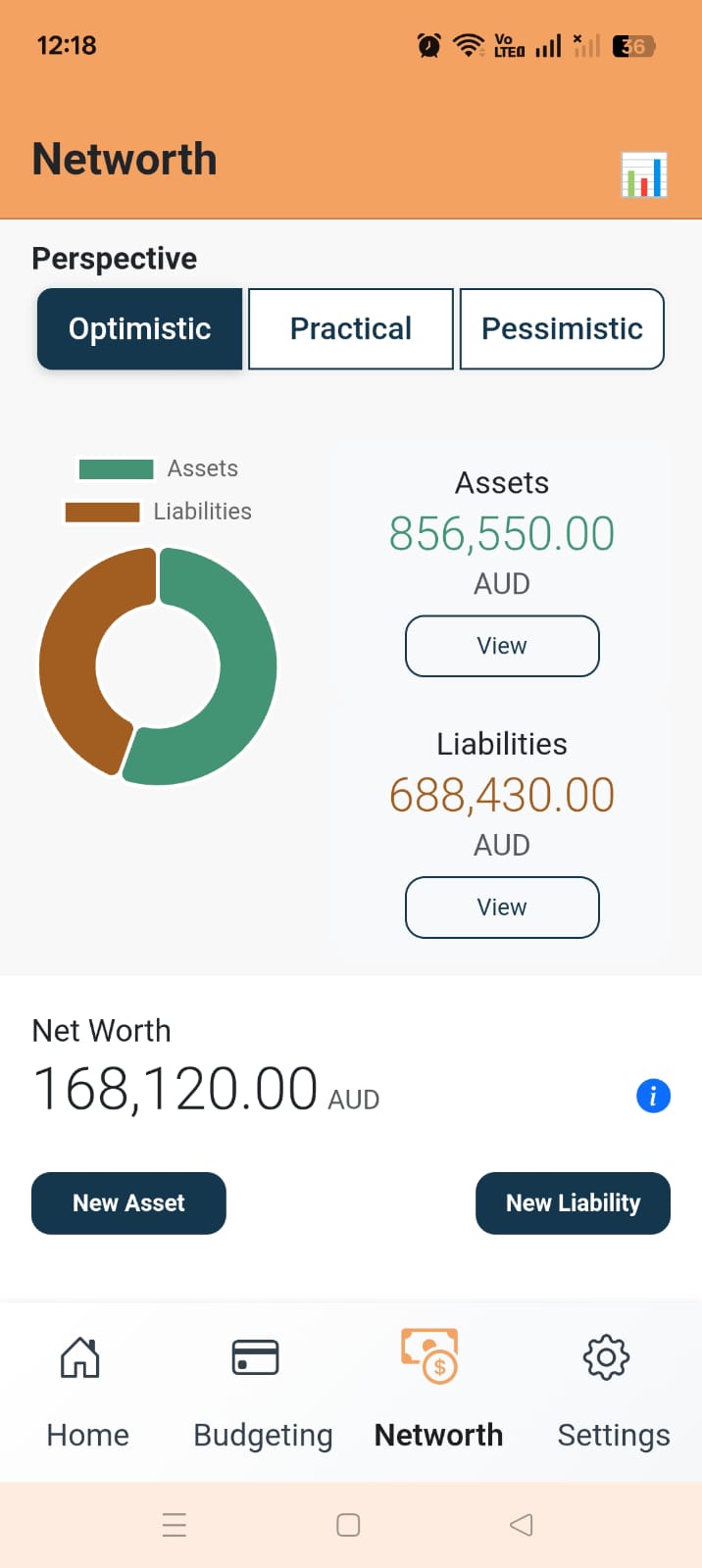 Zupitr net worth dashboard showing assets and liabilities